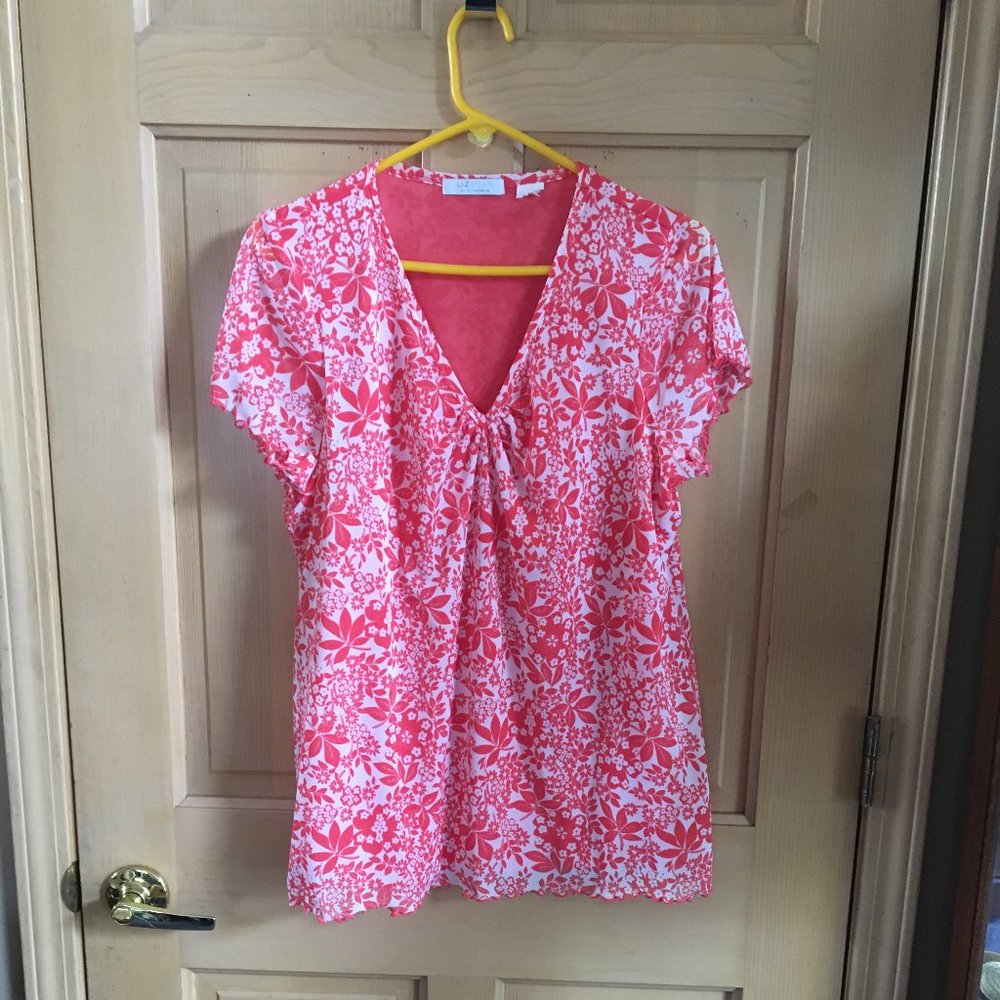 Orange/Peach & White Stretch Short Sleeve Top from Lizwear - Size L?
